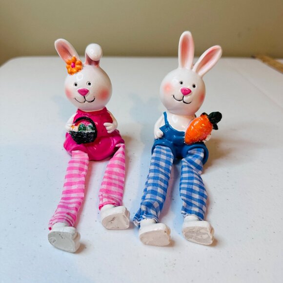 Pair of Easter bunny shelf sitters springtime spring decoration buffalo plaid - Picture 2 of 8